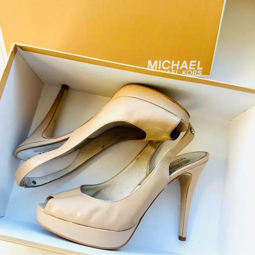 MICHAEL KORS Nude Beige Tan Leather Peep Toe Slingback 5” Heel Pumps Shoes 7 - Picture 2 of 16